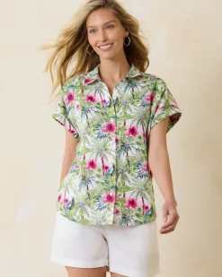 Tommy Bahama Coastalina Coastal Palms Linen Camp Shirt-Women Tops & Shirts