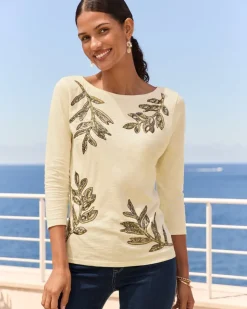 Tommy Bahama Forever Fronds Embellished Lux 3/4-Sleeve T-Shirt-Women Tops & Shirts