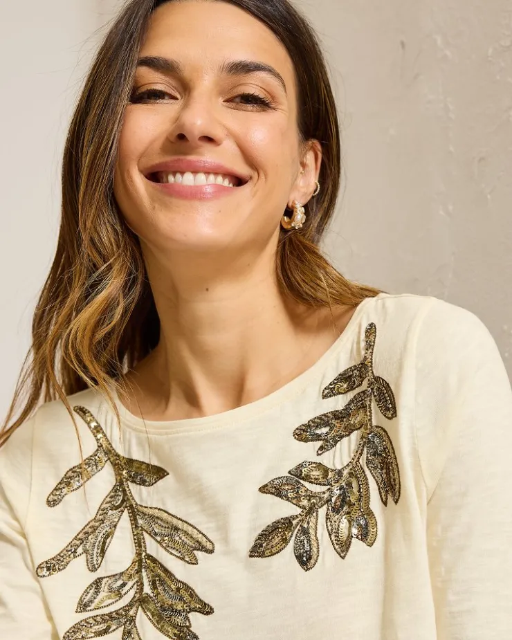Tommy Bahama Forever Fronds Embellished Lux 3/4-Sleeve T-Shirt-Women Tops & Shirts