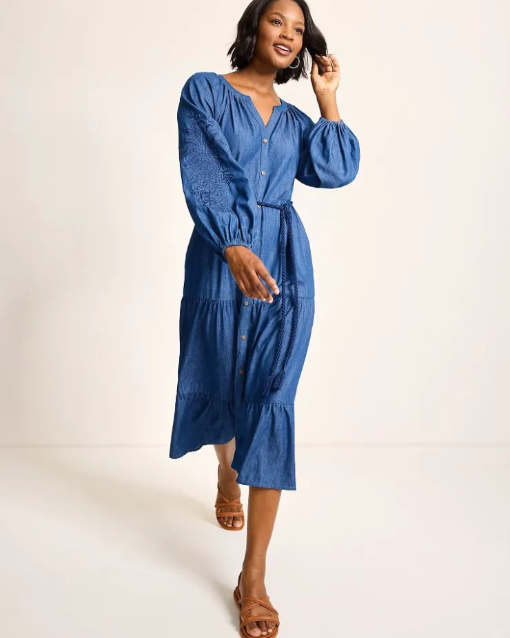 Tommy Bahama Indigo Cove Embroidered Midi Dress-Women Dresses