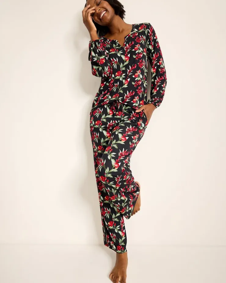 Tommy Bahama Jersey Split-Neck Long Sleeve & Pants Pajama Set-Women Sleepwear