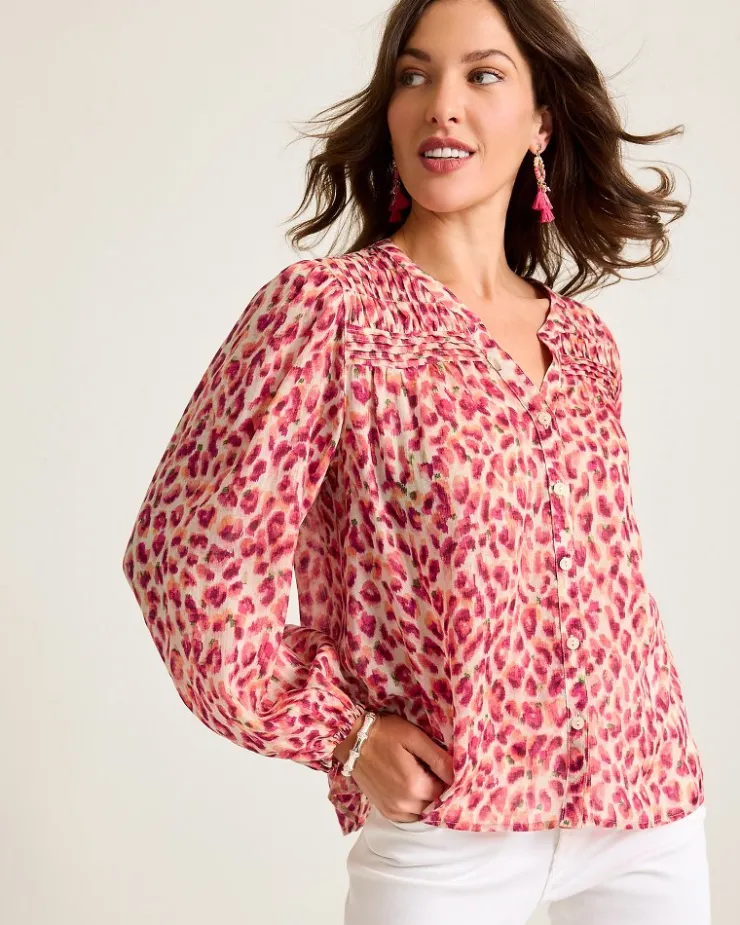 Tommy Bahama Jeweled Jaguar Pintuck Blouse-Women Tops & Shirts