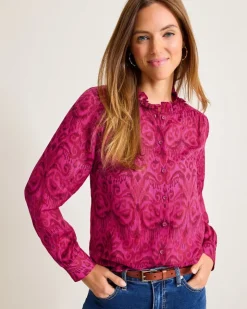 Tommy Bahama Seaside Ikat Long-Sleeve Ruffle-Neck Top-Women Tops & Shirts