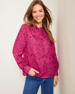 Tommy Bahama Seaside Ikat Long-Sleeve Ruffle-Neck Top-Women Tops & Shirts