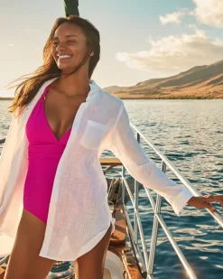 Tommy Bahama Shoreline Cotton Boyfriend Beach Shirt-Women Beach Coverups