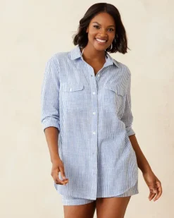 Tommy Bahama Shoreline Stripe Boyfriend Beach Shirt-Women Beach Coverups