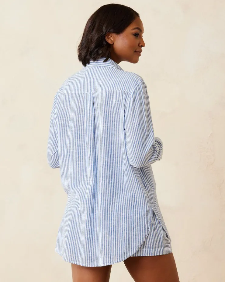 Tommy Bahama Shoreline Stripe Boyfriend Beach Shirt-Women Beach Coverups