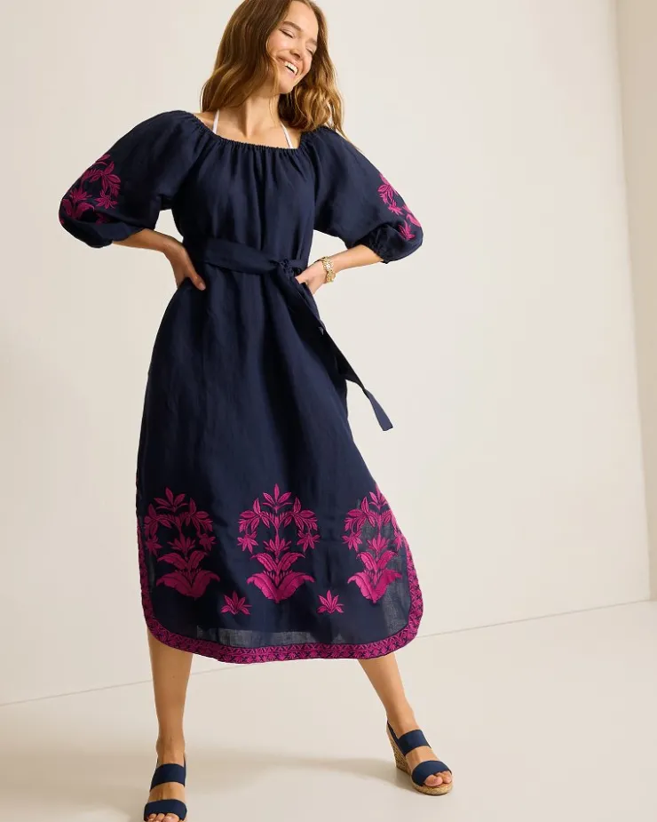 Tommy Bahama St. Lucia Embroidered Linen-Blend Coverup Dress-Women Beach Coverups|Dresses