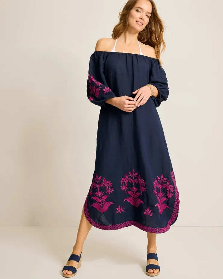 Tommy Bahama St. Lucia Embroidered Linen-Blend Coverup Dress-Women Beach Coverups|Dresses