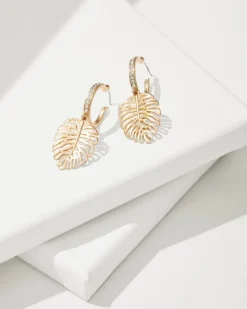 Tommy Bahama Tropical Blooms Pave Monstera Drop Hoop Earrings-Women Jewelry