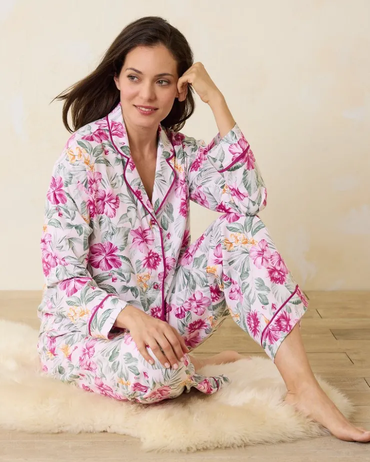Tommy Bahama Woven Sateen Long Sleeve & Pants Pajama Set-Women Sleepwear