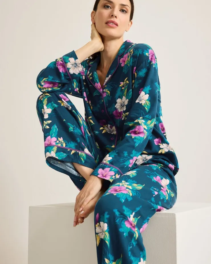 Tommy Bahama Woven Sateen Long Sleeve & Pants Pajama Set-Women Sleepwear