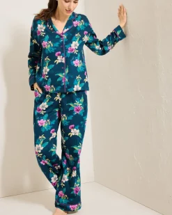Tommy Bahama Woven Sateen Long Sleeve & Pants Pajama Set-Women Sleepwear