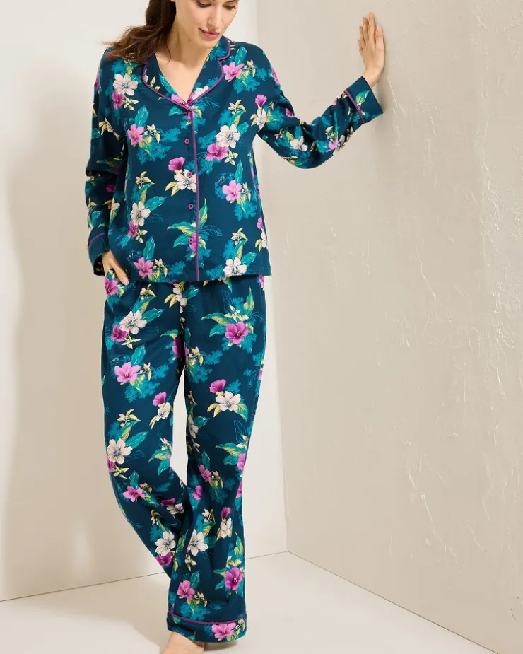 Tommy Bahama Woven Sateen Long Sleeve & Pants Pajama Set-Women Sleepwear